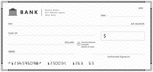 Bank check, vector blank money cheque, checkbook template with guilloche pattern and fields. Currency payment coupon, money check background