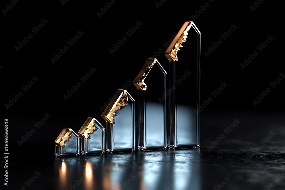 Poster golden keys arranged in ascending order on glass pedestals creating stair-like formation against dar