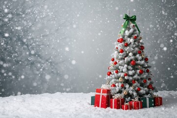 Obraz premium In a serene snowy landscape, a white Christmas tree decorated with green ribbons and red baubles stands proudly, its branches laden with presents, creating a festive atmosphere