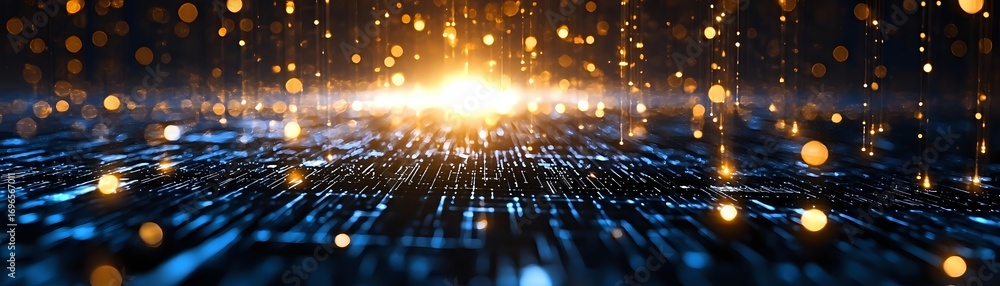 Poster digital technology grid with glowing light burst and golden bokeh particles floating in dark space, 