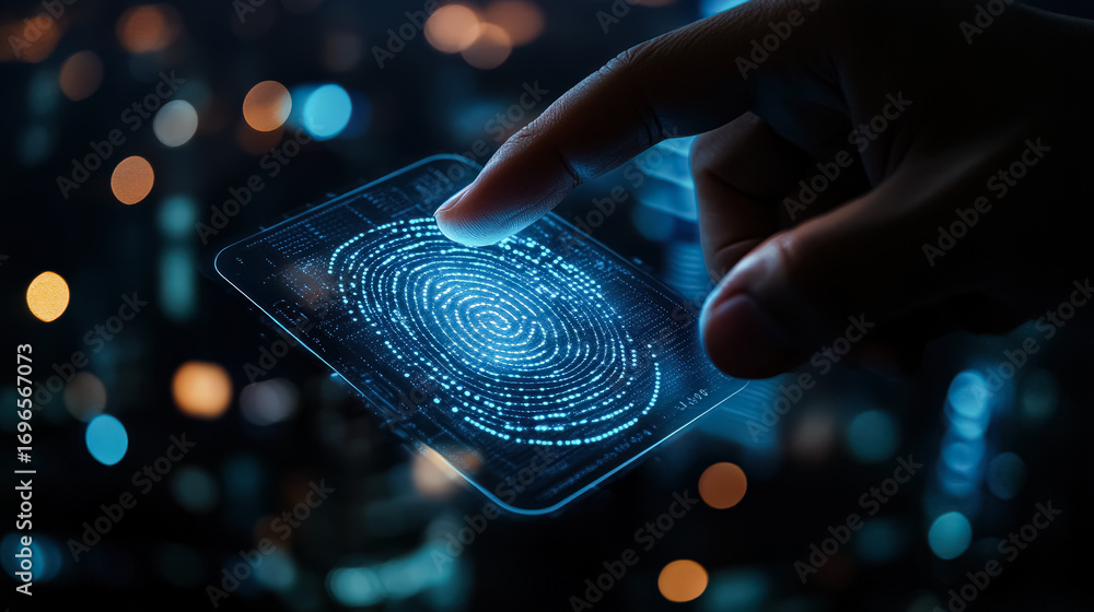 Poster hand interacting with a futuristic holographic fingerprint scanner, showcasing advanced technology a