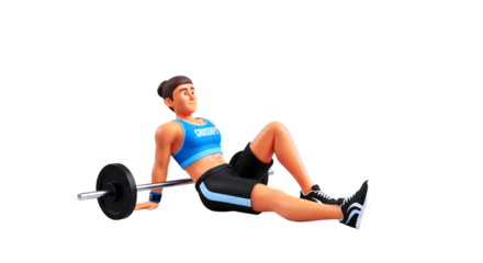 3d cartoon fitness girl postworkout relaxation, strength training, athletic achievement, isolated on transparent background