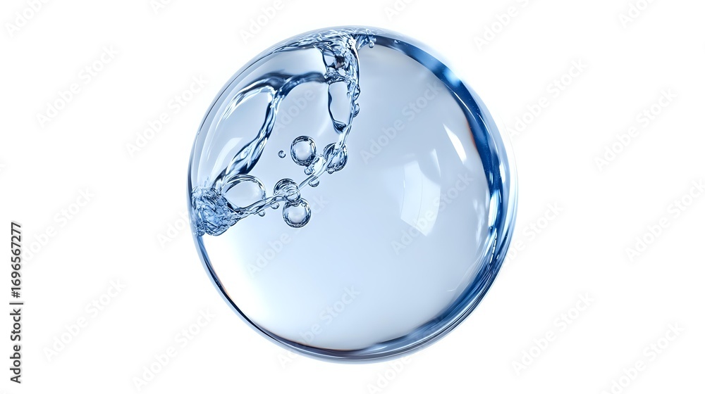 Poster clear water sphere with dynamic bubbles and splashes inside, floating against white background, crea