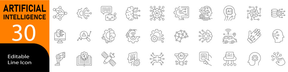 Artificial Intelligence editable icon set in line vector style with modern minimal design showing machine learning, robotics, automation, neural networks, data analysis and innovation concepts © Thirty  Icon