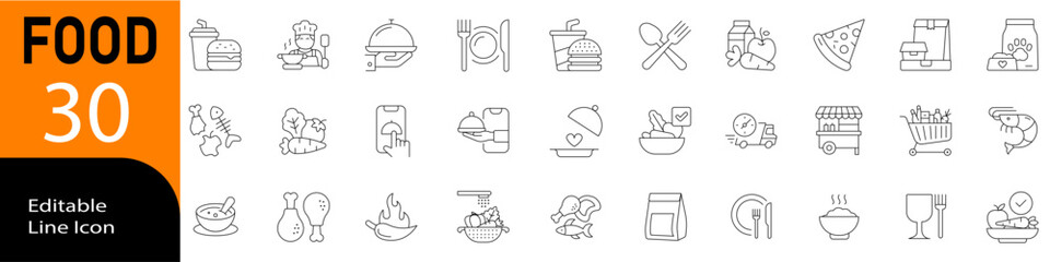Food editable icon set in line vector style with modern minimal design showing meals, healthy eating, fruits, vegetables, fast food, snacks, drinks, nutrition, cooking and lifestyle concepts