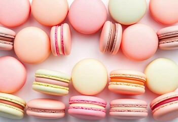 Obraz premium Pastel macarons arranged in a pleasing repeating pattern on a pristine white background, yellow, candy