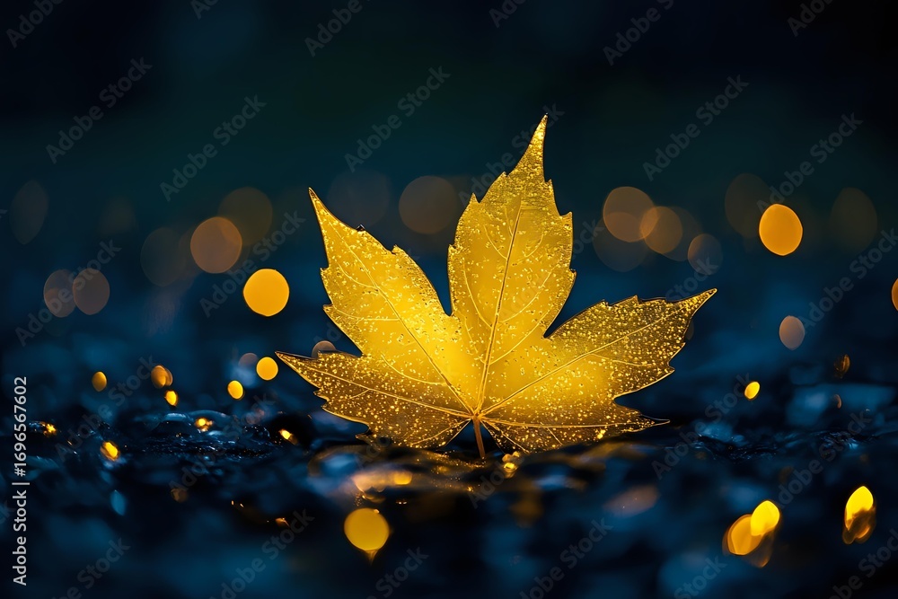 Poster golden maple leaf on wet surface with bokeh lights in background creates magical autumn atmosphere. 