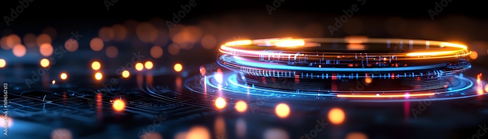 Poster glowing neon ring on circuit board with orange and blue light effects, digital technology concept wi