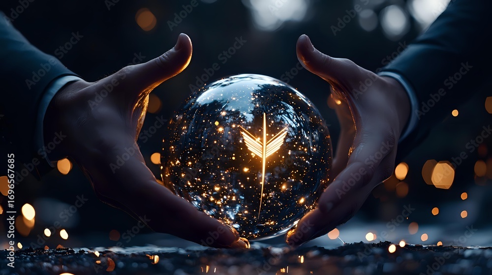 Poster glowing butterfly reflected in crystal ball held by hands against dark background with bokeh lights,