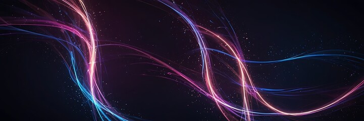 A vibrant, abstract digital background filled with glowing neon light trails and flowing energy waves. Bright streaks of purple, pink, and blue twist and swirl across a deep midnight gradient, leaving