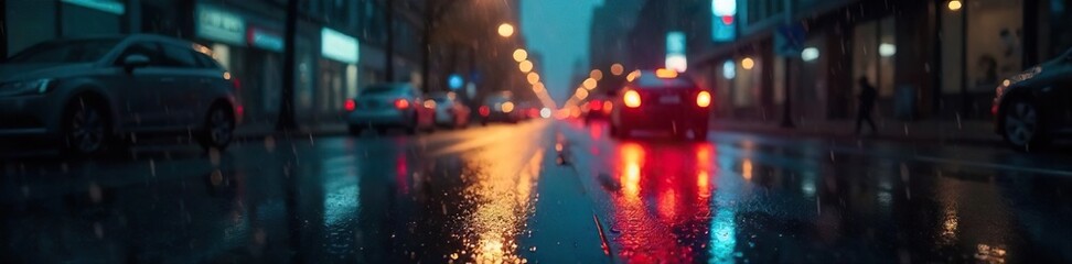 Dramatic rainy scene with blurred city lights reflecting on wet asphalt, creating a moody and atmospheric backdrop Perfect for cinematic or melancholic projects , rainy night, background