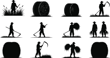 Silhouette of farmers working in fields harvesting hay bales with traditional tools farming agriculture rural countryside vector illustration.