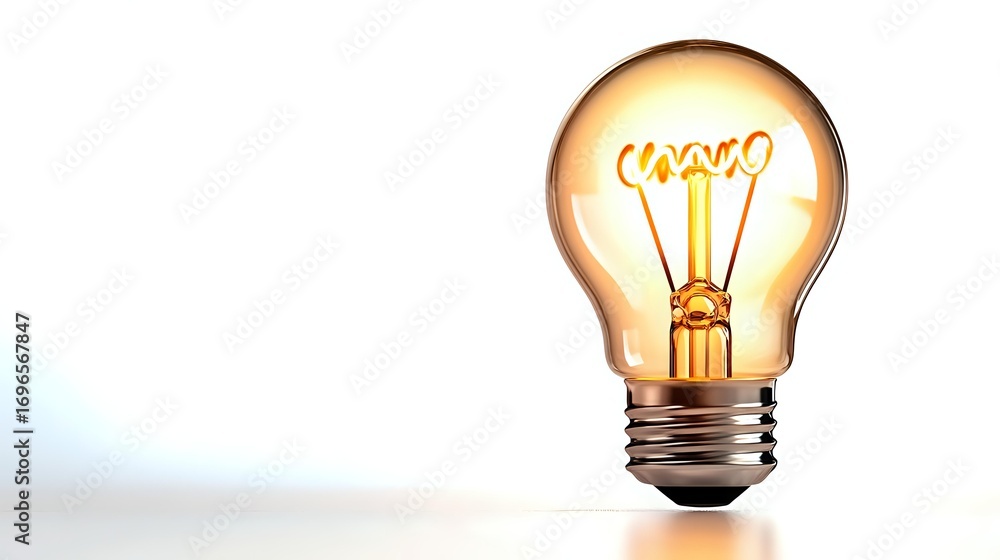Poster glowing light bulb with warm yellow illumination and visible filament on white background, isolated 