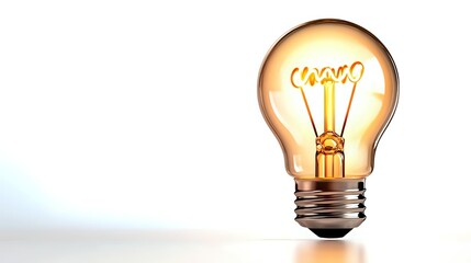 Glowing light bulb with warm yellow illumination and visible filament on white background, isolated object for creative and innovation concepts.