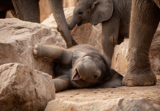 Playful baby elephant surrounded by others (1) - Powered by Adobe
