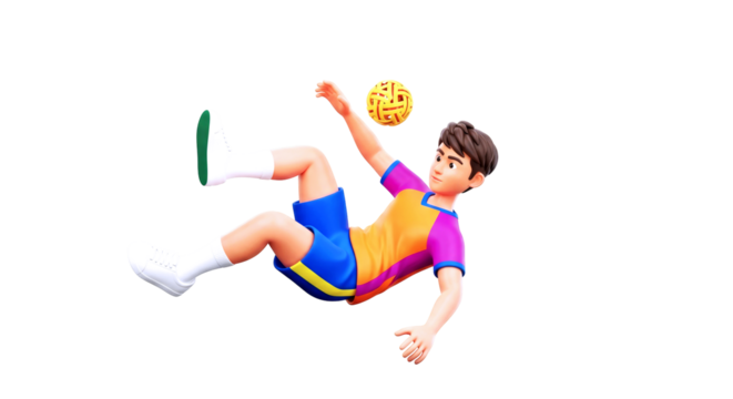 dynamic cartoon sepak takraw athlete airborn skill, intense focus, and effortless grace in midflight, isolated on transparent background