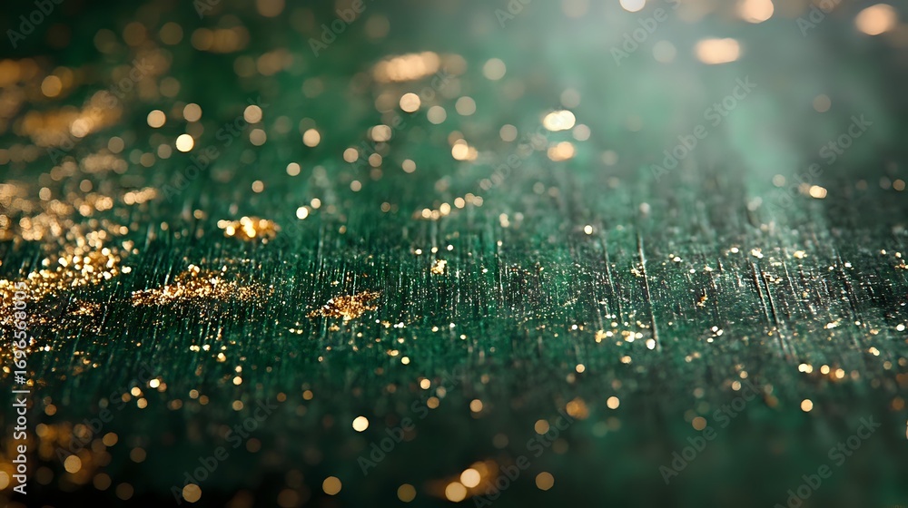 Poster magical green and gold bokeh background with glittering particles and shallow depth of field creatin