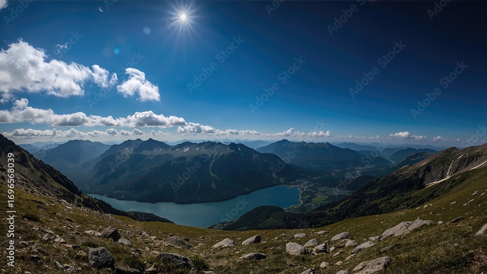 Poster a scenic summer landscape featuring a lake and a visual representation of the transition between day