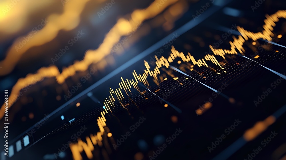 Poster financial market data visualization showing golden trading chart lines and graphs on dark background