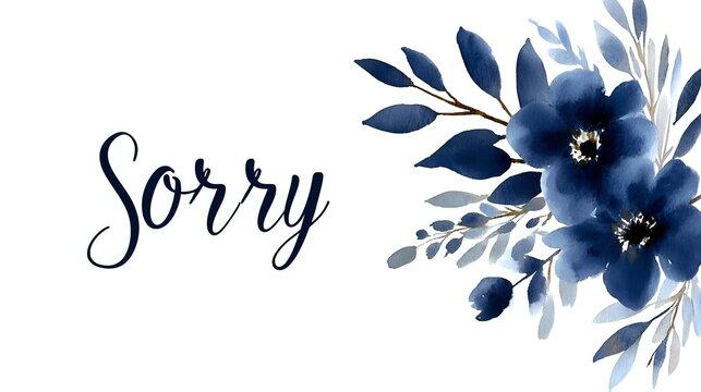 Navy blue watercolor flowers with elegant calligraphy sorry text on white background, floral arrangement in indigo and gray tones for sympathy cards and apology notes.
