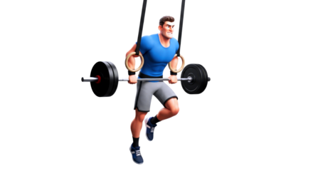 powerful cartoon athlete dynamic rings and barbell workout, 3d model, isolated on transparent background
