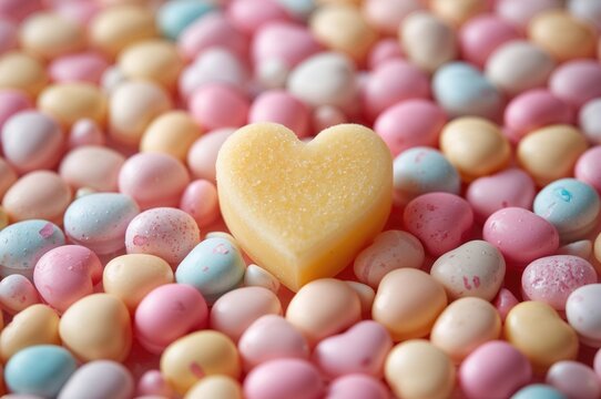 Bright yellow heart-shaped candy on a vibrant assortment of sweets
