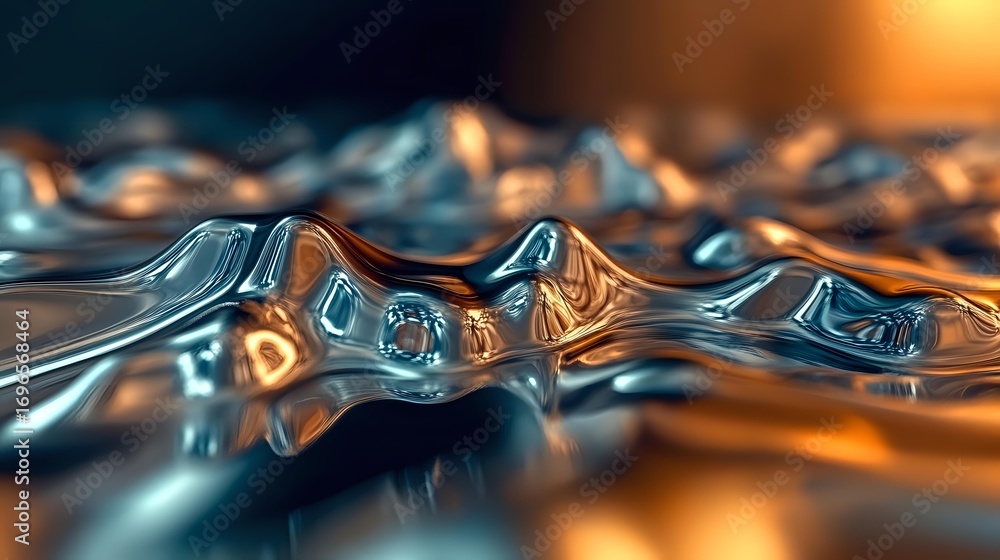 Poster metallic liquid surface with golden sunset reflections creates dynamic waves and ripples in abstract