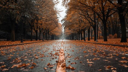 Deserted road blanketed with autumn leaves during the fall season