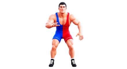 powerful cartoon wrestler intense 3d model, ready to wrestle, focused athlete, dynamic pose, gripping action, isolated on transparent background