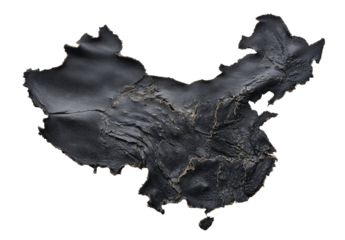 A dark, textured map of China.  The landmass is depicted in shades of dark gray and black, showcasing a sculpted, uneven surface.  Fine golden lines suggest geographical features