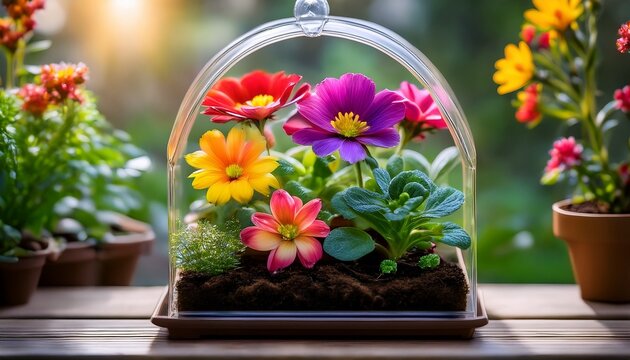 vibrant colorful flowers thriving in a miniature greenhouse pot perfect for indoor gardening and home d cor enjoy the beauty of nature indoors bringing life and color to your home