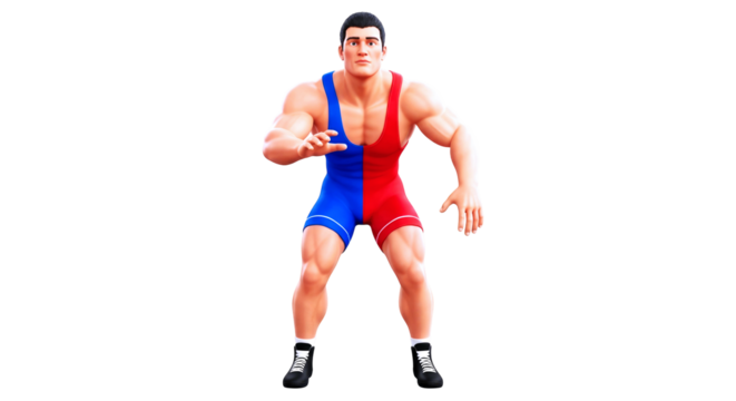 powerful cartoon wrestler intense 3d model, ready to wrestle, focused athlete, dynamic pose, gripping action, isolated on transparent background