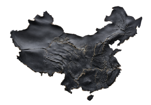 A dark, textured map of China.  The landmass is depicted in shades of dark gray and black, showcasing a sculpted, uneven surface.  Fine golden lines suggest geographical features