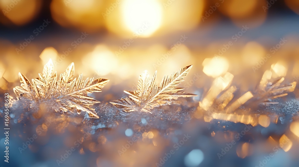 Poster delicate frost crystals form intricate patterns on winter surface with golden bokeh lights creating 