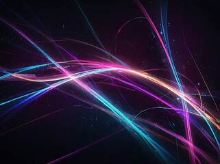 A vibrant, abstract digital background filled with glowing neon light trails and flowing energy waves. Bright streaks of purple, pink, and blue twist and swirl across a deep midnight gradient, leaving