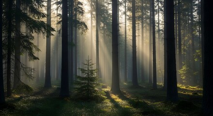 Fototapeta premium Serene forest landscape with beautiful sun rays filtering through trees.