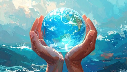 Digital illustration of two human hands gently holding a transparent globe