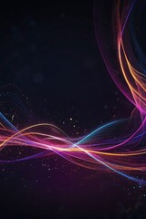 A vibrant, abstract digital background filled with glowing neon light trails and flowing energy waves. Bright streaks of purple, pink, and blue twist and swirl across a deep midnight gradient, leaving