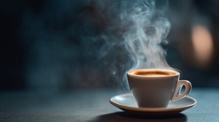 A steaming cup of coffee on a saucer with a dark and moody background creating warmth