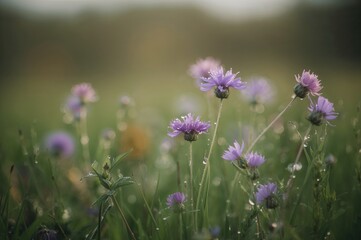 Fototapeta premium Early summer or spring morning with dew drops on wildflowers at dawn, soft blurred background, shallow depth of field.