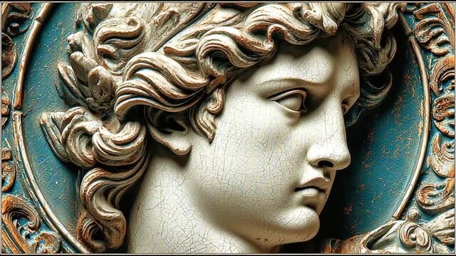 Bronze bas relief sculpture spinning, capturing Apollo's classical profile with detailed carving, set against vivid turquoise surface using stop motion cinematography