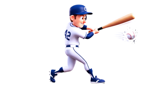 3d cartoon baseball power hitter dynamic swing, focused determination, unstoppable force, isolated on transparent background
