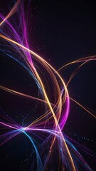 A vibrant, abstract digital background filled with glowing neon light trails and flowing energy waves. Bright streaks of purple, pink, and blue twist and swirl across a deep midnight gradient, leaving