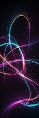 A vibrant, abstract digital background filled with glowing neon light trails and flowing energy waves. Bright streaks of purple, pink, and blue twist and swirl across a deep midnight gradient, leaving