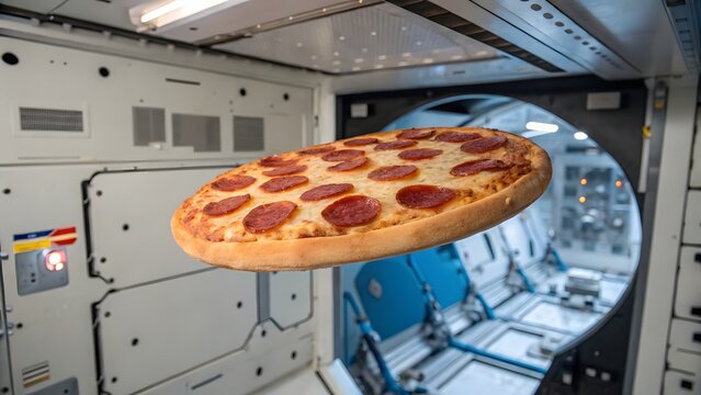 Pepperoni pizza floating weightlessly inside a futuristic space station module with a circular airlock