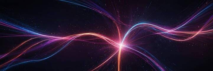 A vibrant, abstract digital background filled with glowing neon light trails and flowing energy waves. Bright streaks of purple, pink, and blue twist and swirl across a deep midnight gradient, leaving