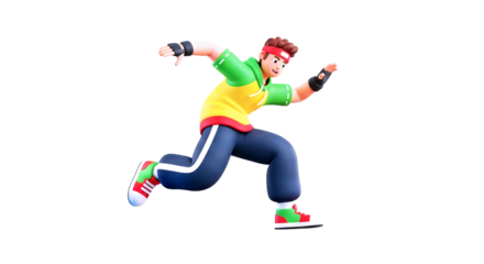 3d cartoon character energetic running pose, dynamic jump, joyful movement, isolated on transparent background