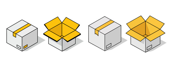 Vector illustration of cardboard packaging boxes in isometric style showing closed and open versions with yellow adhesive tape for shipping and storage concepts