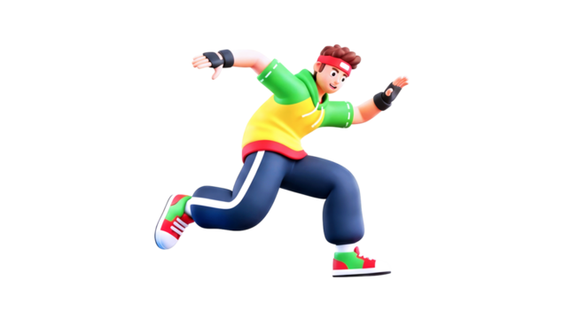 3d cartoon character energetic running pose, dynamic jump, joyful movement, isolated on transparent background