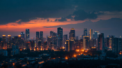 Obraz premium Cityscape view at dusk with illuminated buildings and a colorful sky at twilight